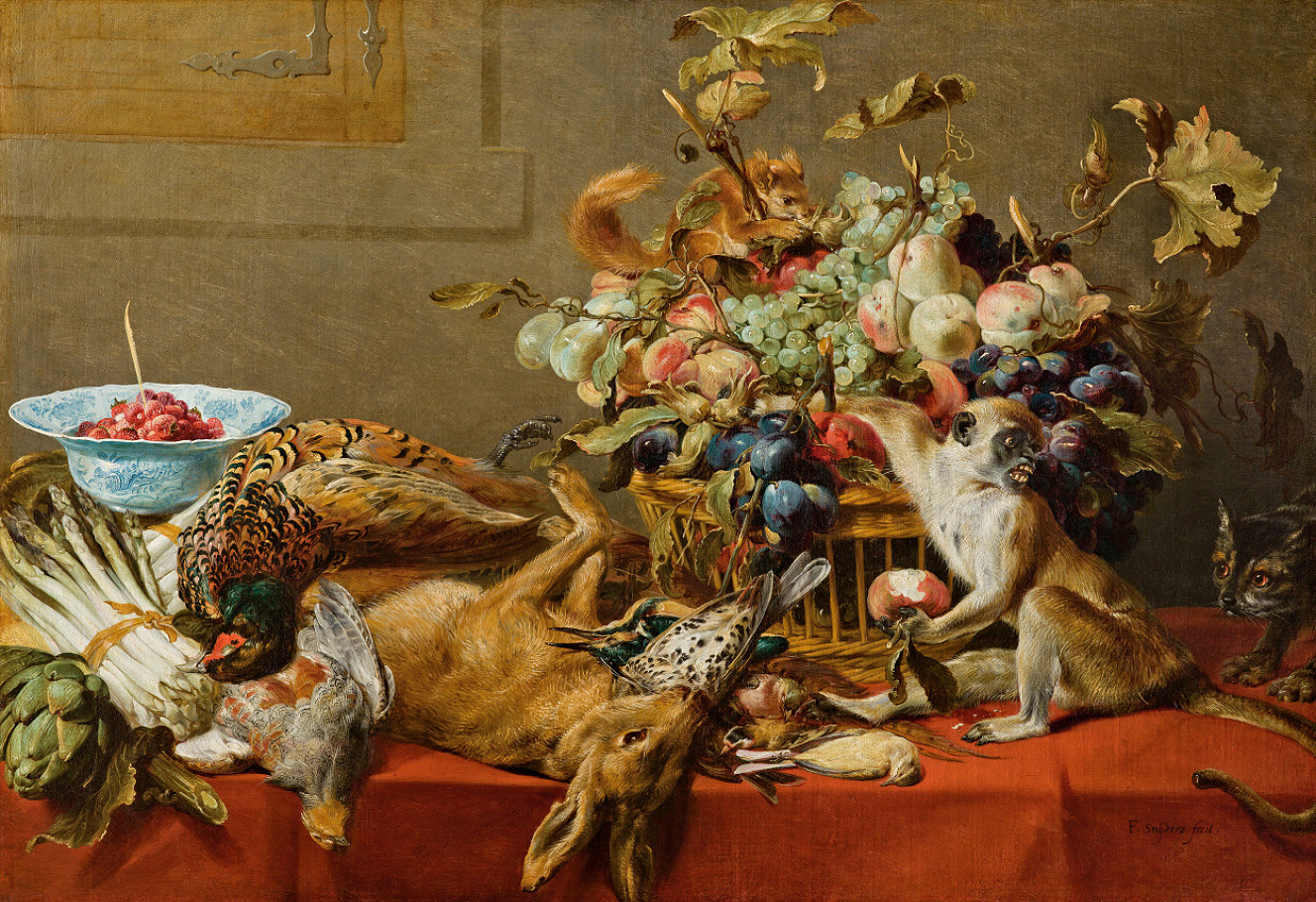 fruit dead game vegetables a live monkey squirrel and cat 